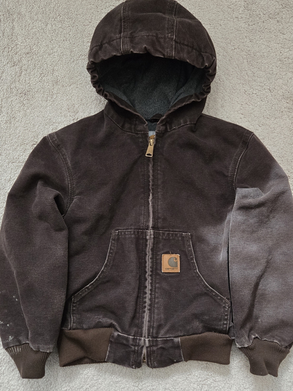 BOYS Carhartt YYJ159 DKB Brown Fleece Lined Hooded Zip Up Jacket Coat Size 5/6